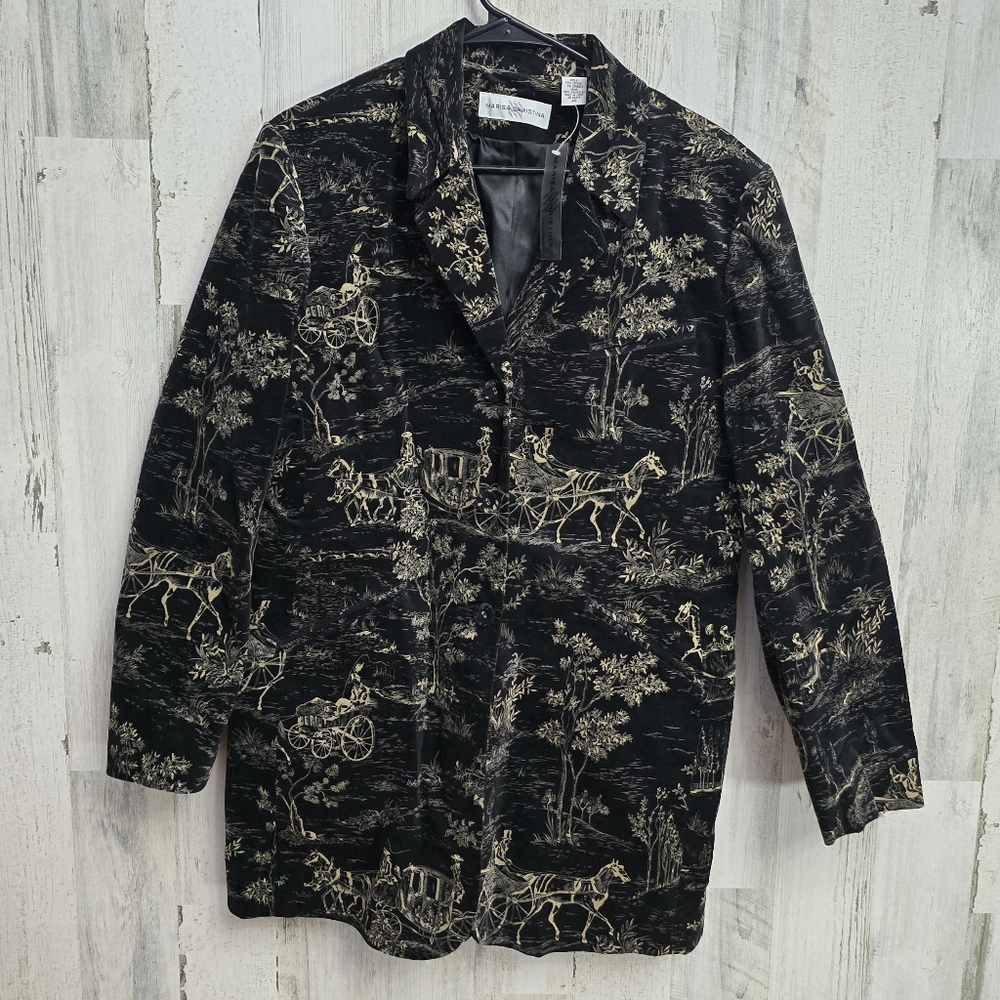 New Marisa Christina Black Coat With Horse And Carrage Print Womes Size 14